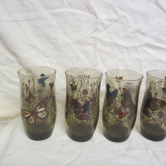RETRO SET OF 6 TUMBLERS, SMOKEY GLASS W/BUTTERFLY DESIGN - Picture 2 of 9